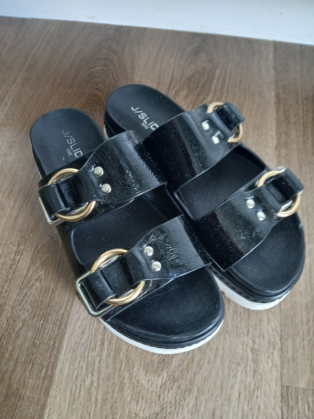 J/SLIDES Womens Black Slide Sandals with Gold Buckles Size 7